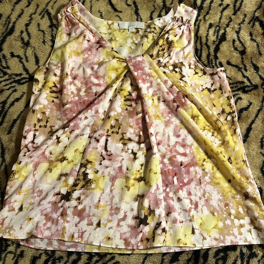 Loft Tank Womens L PetiteYellow Camisole Twist Front Pixelated Floral Sleeveless